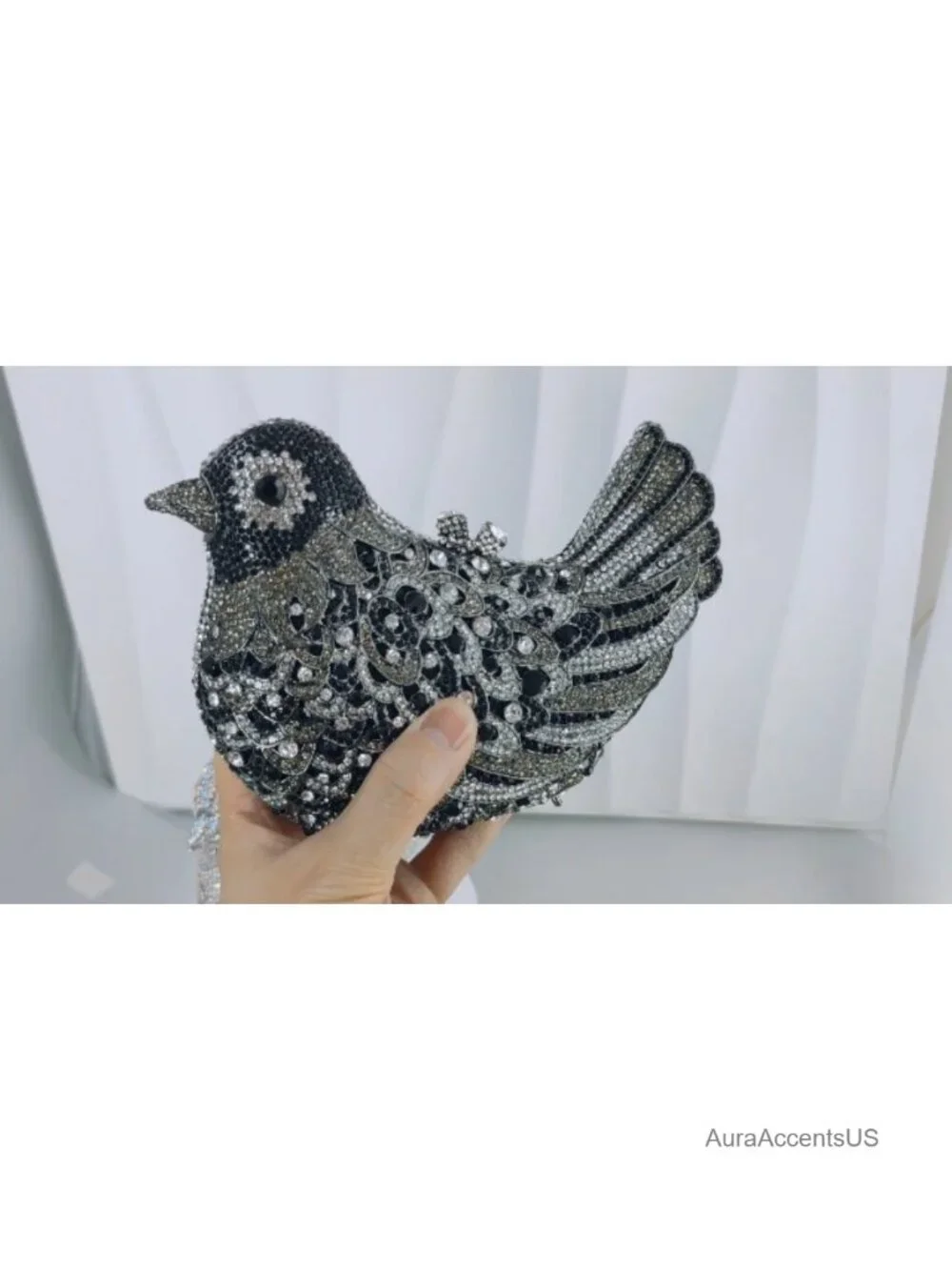 Handcrafted Crystal Bird Clutch Purse, Rhinestone Evening Bag with Chains